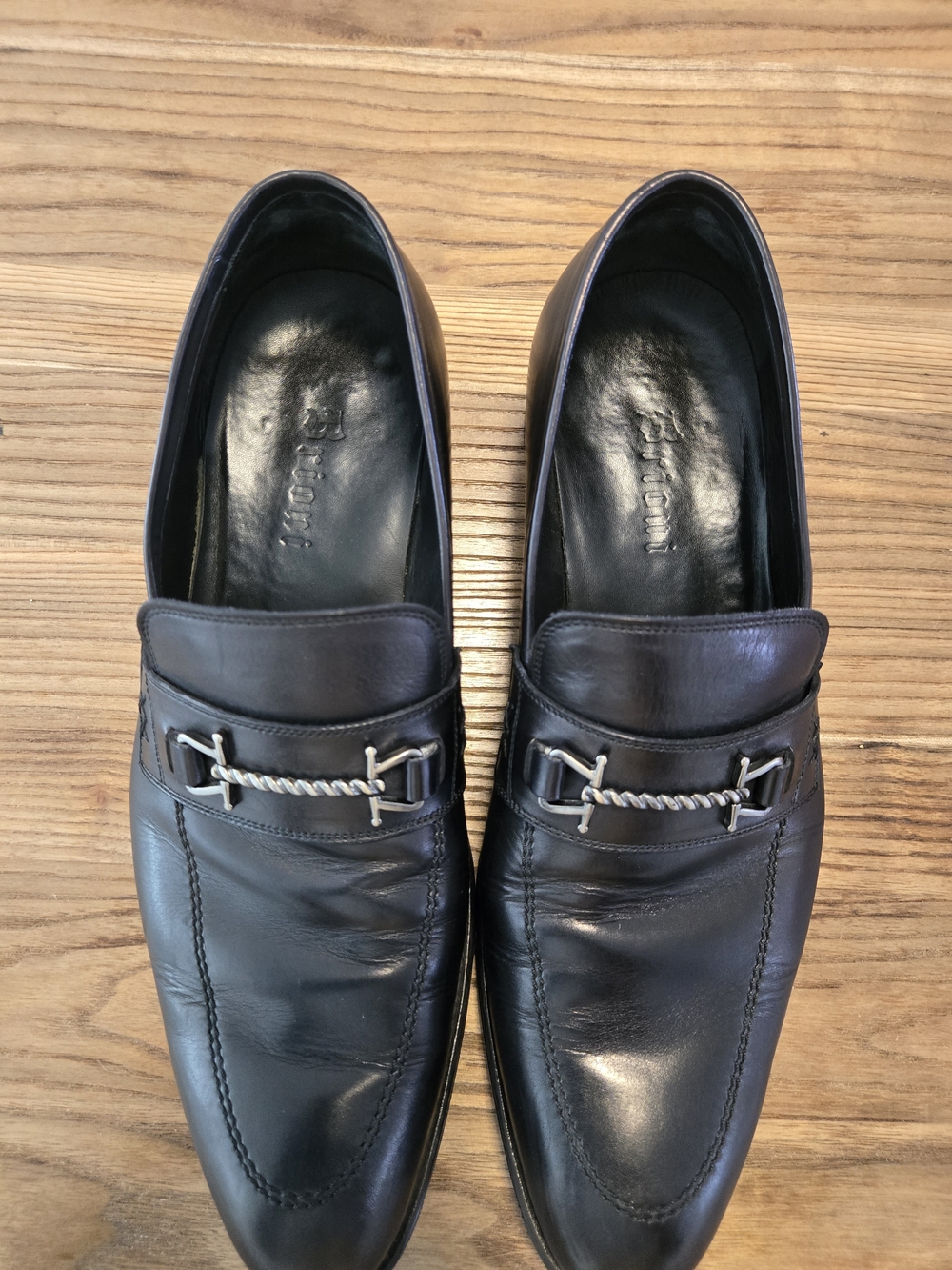 BRIONI Black Leather Block Heeled Almond-Toe Men's Penny Loafers Size 11 - Picture 4 of 12